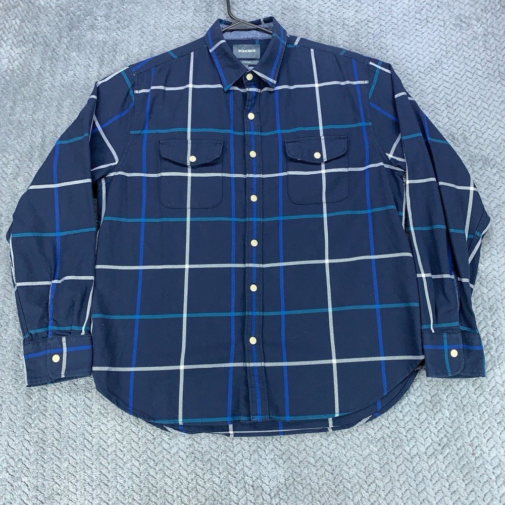 Bonobos Shirt Men's XL Extra Large Blue Plaid Check Standard Fit Long Sleeve